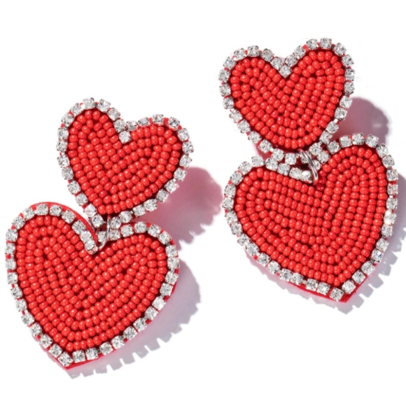 Big Double Red Heart Beaded Rhinestone Handmade Earrings Large Hearts Beads New - Picture 1 of 3